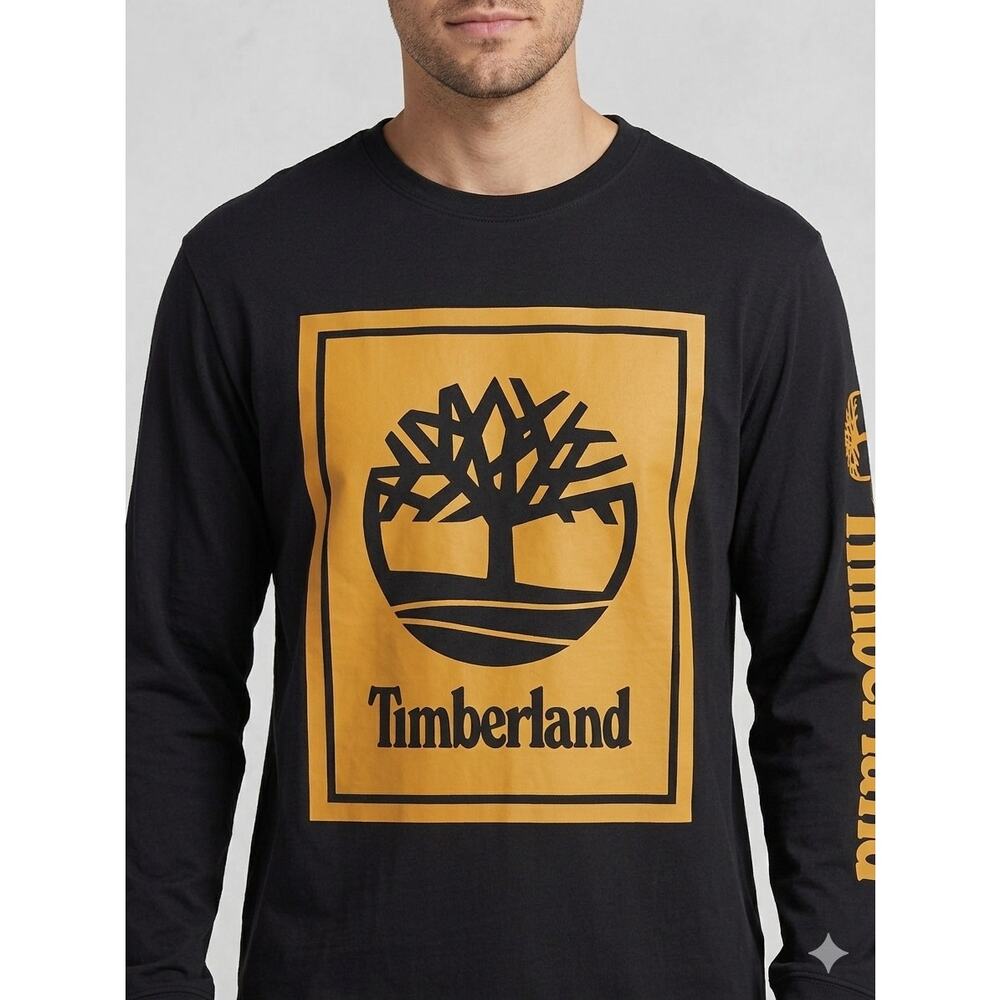 Timberland Men's Stack Logo Long Sleeve Tee Black Wheat XXL Gorpcore Minimalist